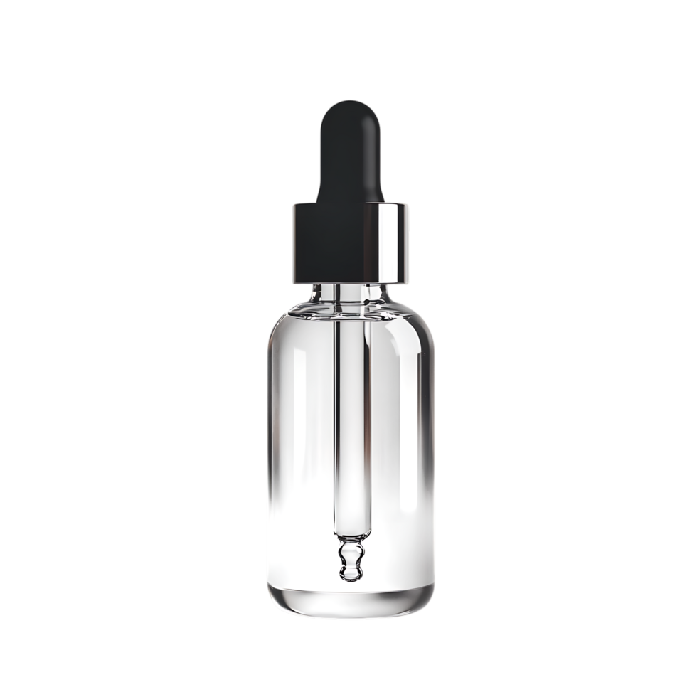 Clear glass dropper bottle with black cap isolated on transparent background png
