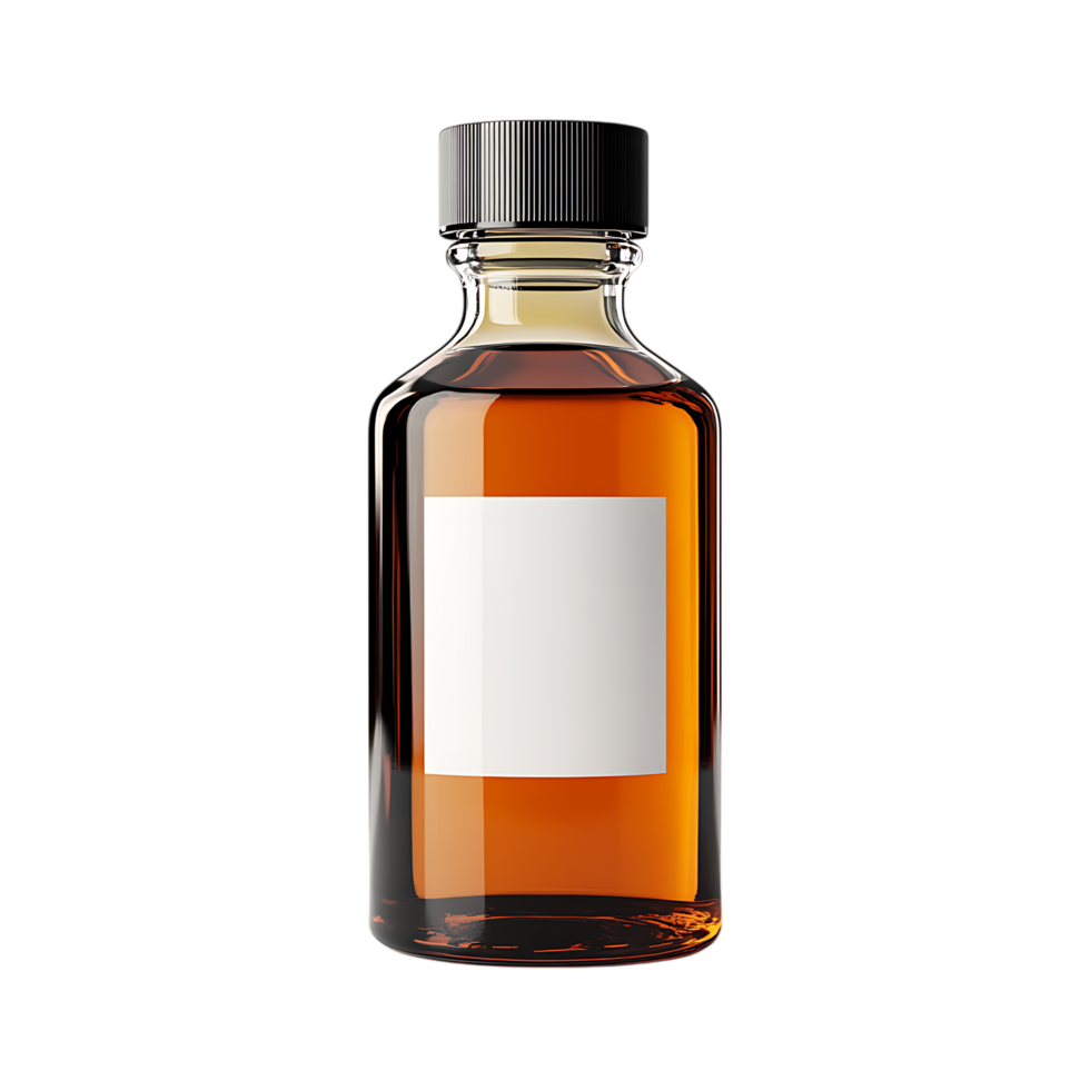 Amber glass bottle with blank label isolated on transparent png