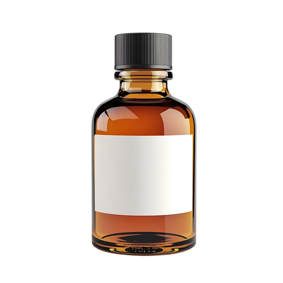 Amber glass bottle with blank label isolated on transparent background png