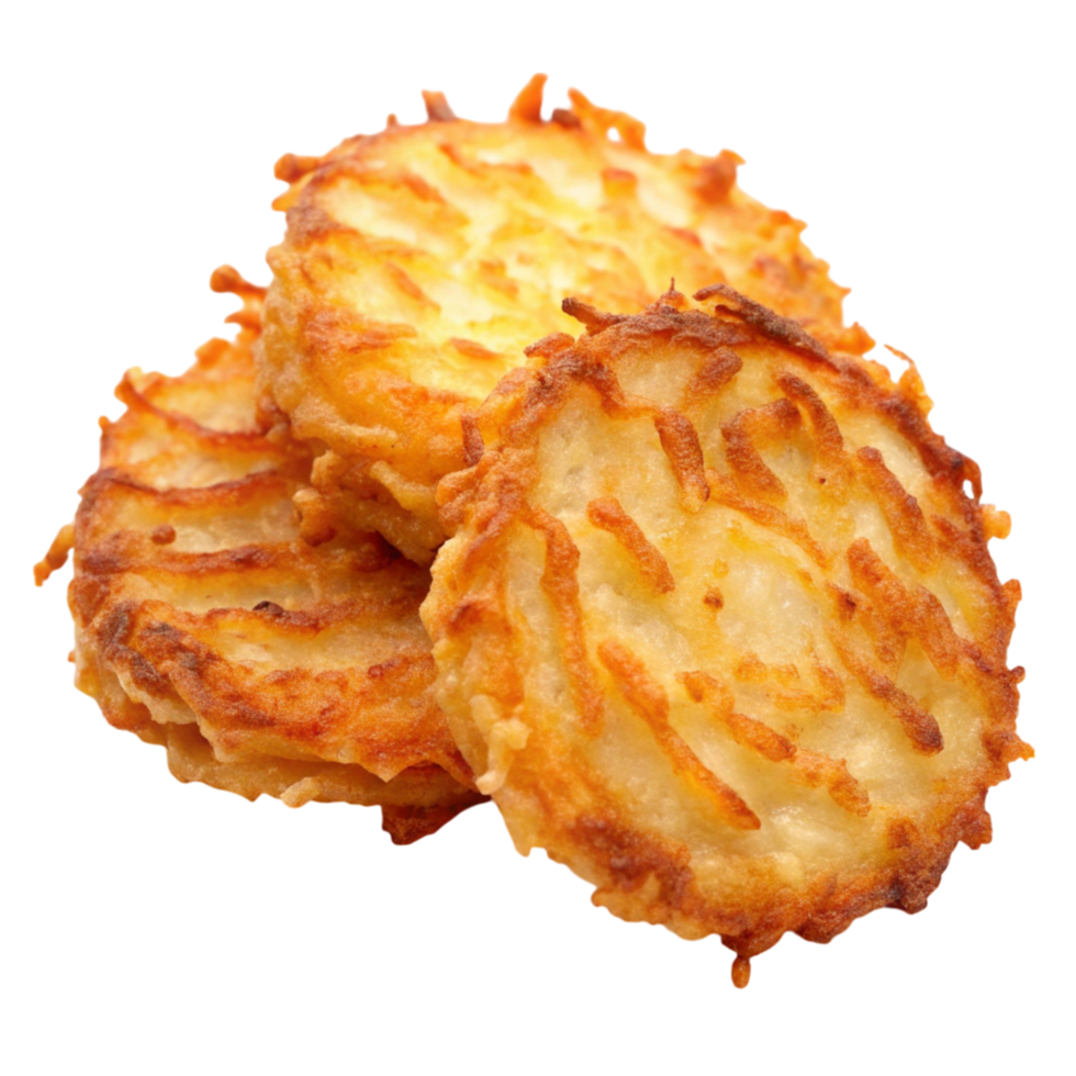 Deliciously crispy hash browns, golden and fried to perfection, perfect for a hearty breakfast or quick snack png