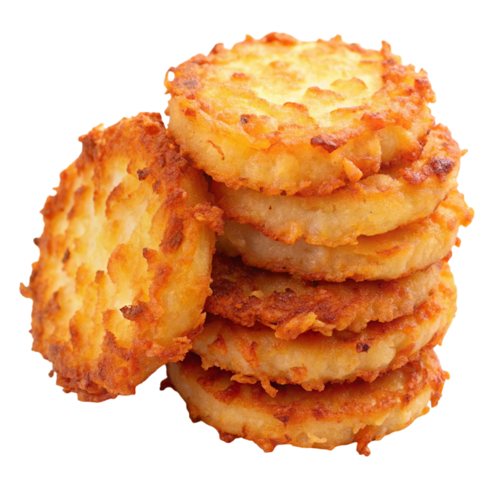 Deliciously crispy hash browns golden and fried to perfection, perfect for a hearty breakfast or quick snack png