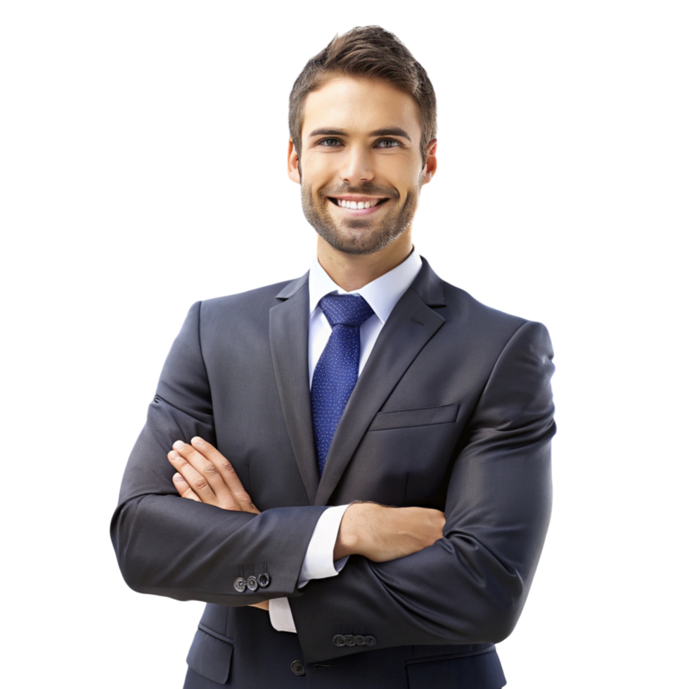 Business focused real estate agent in formal wear promoting housing client support and property expertise png