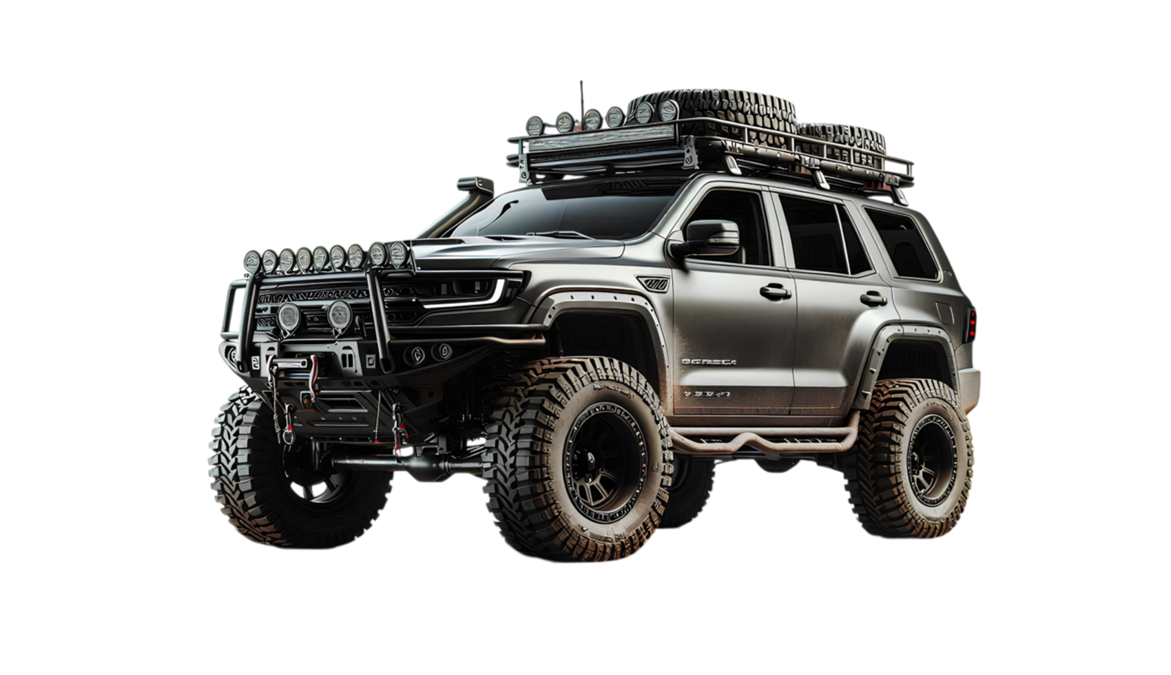 Luxury classic off road SUV modified for rugged terrain, featuring enhanced lights, large tires, and roof equipment perfect for adventurous outdoor exploration png