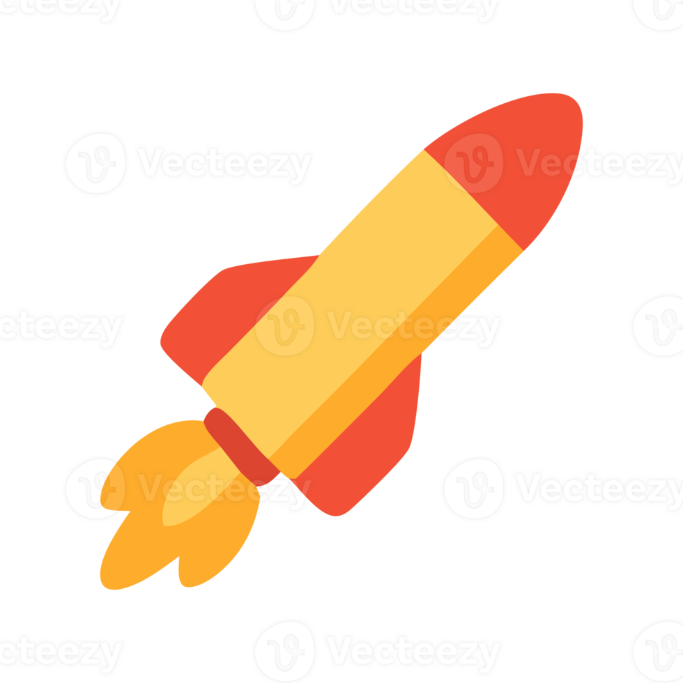 Illustration of a red and yellow rocket launching into space with fire trail, symbolizing innovation png