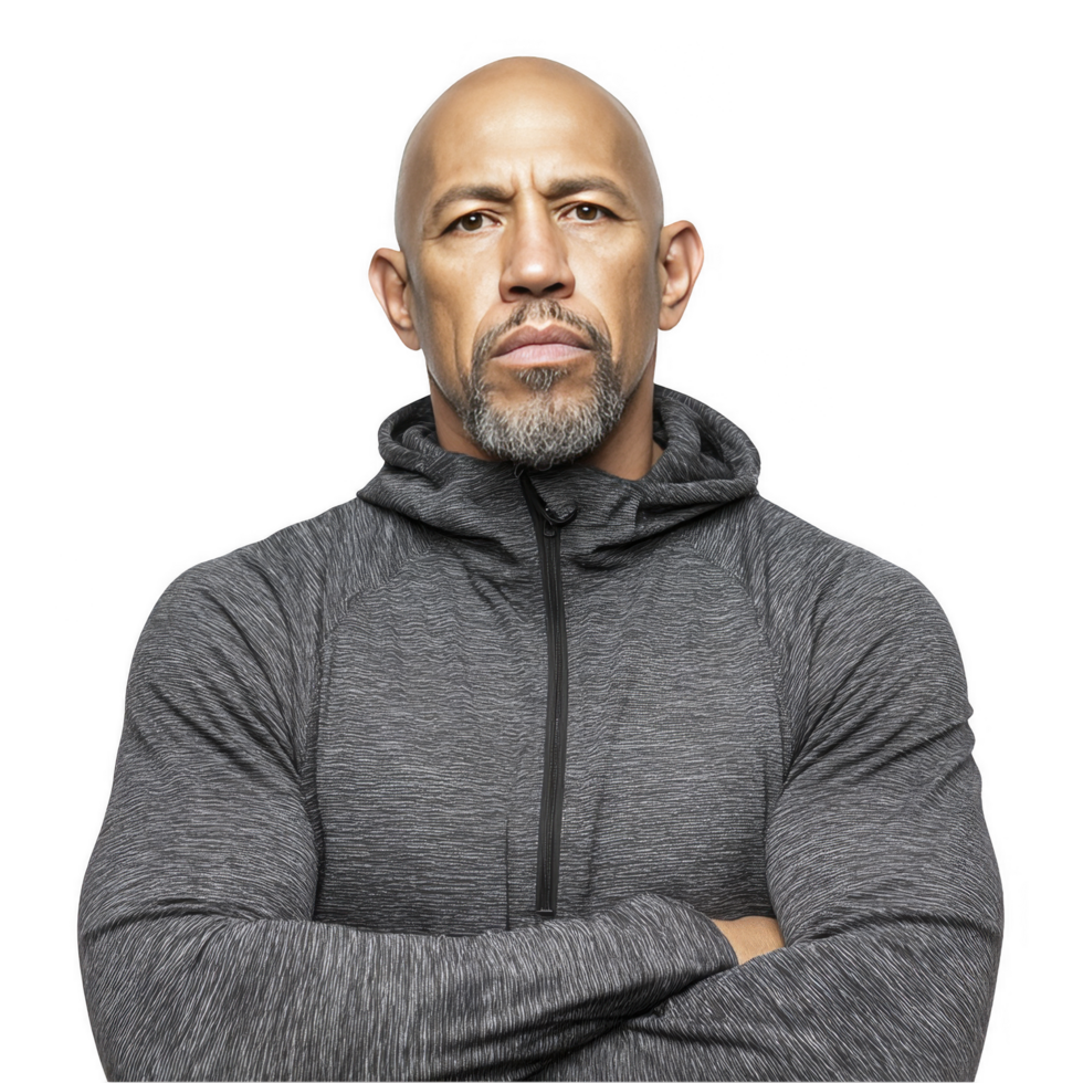 Bald man in gray hoodie with arms crossed isolated on transparent background png