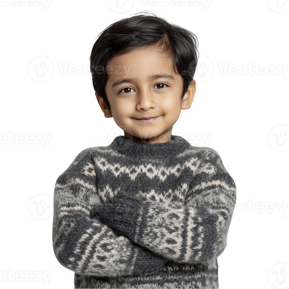 Smiling boy in winter sweater standing confidently isolated on transparent background png