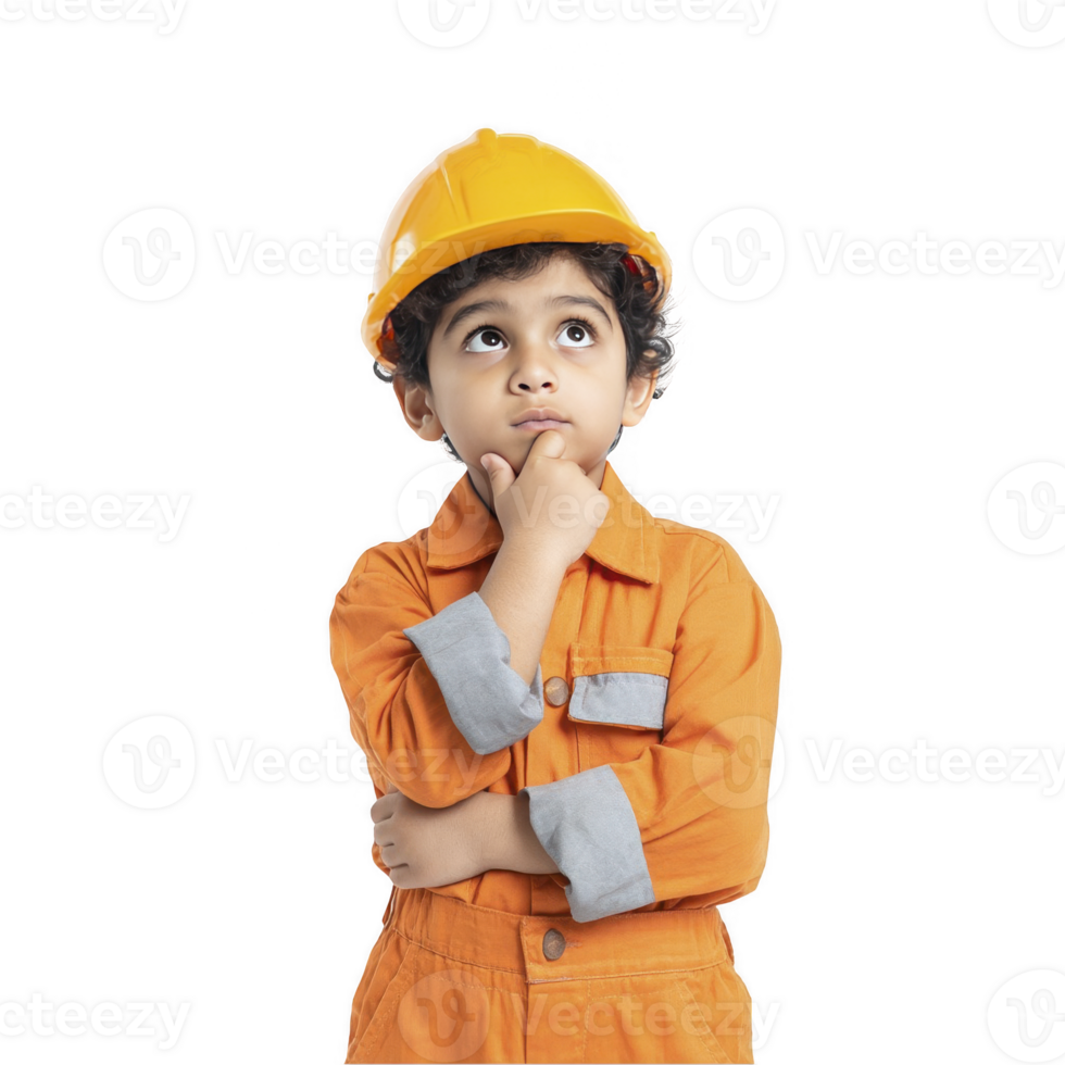 Little boy in orange builder uniform thinking isolated on transparent background png