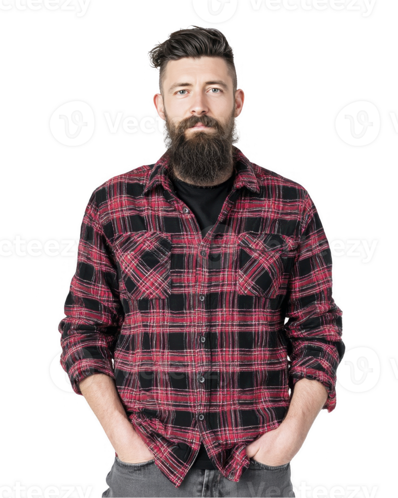 Bearded man in red plaid shirt isolated on transparent background png