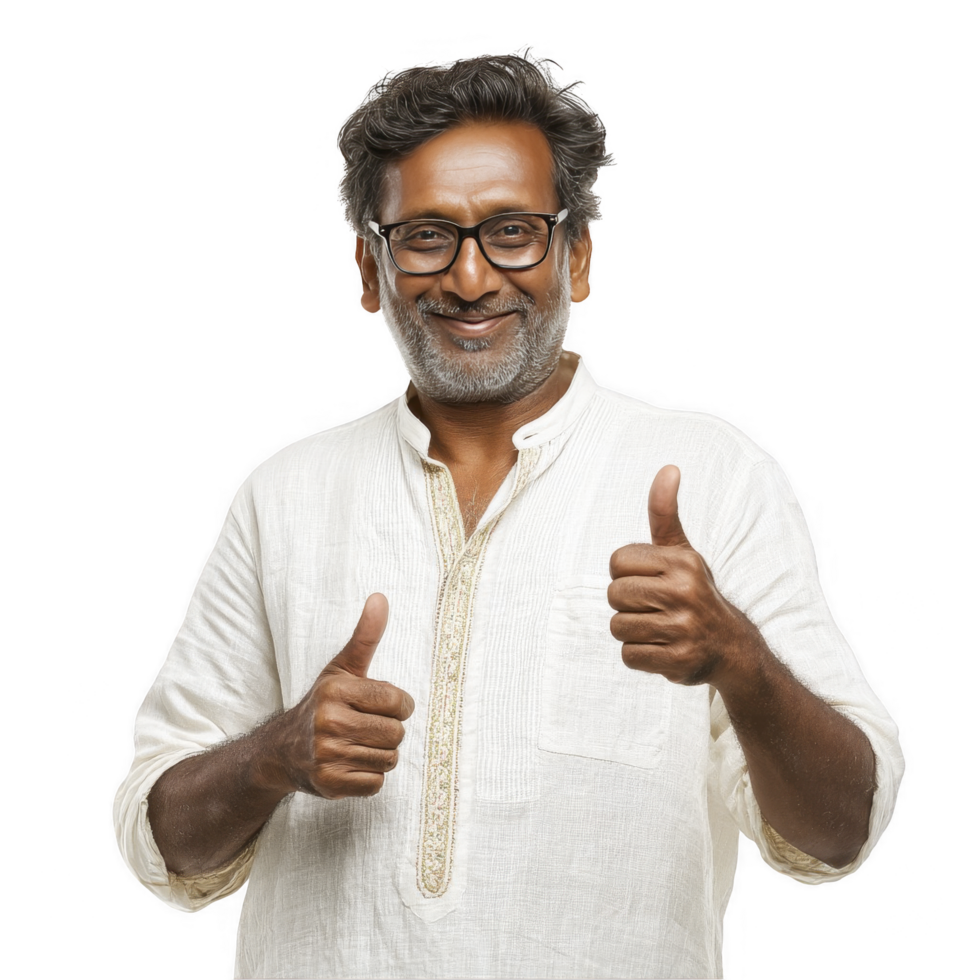 Happy elderly man in white shirt giving thumbs up isolated on transparent background png