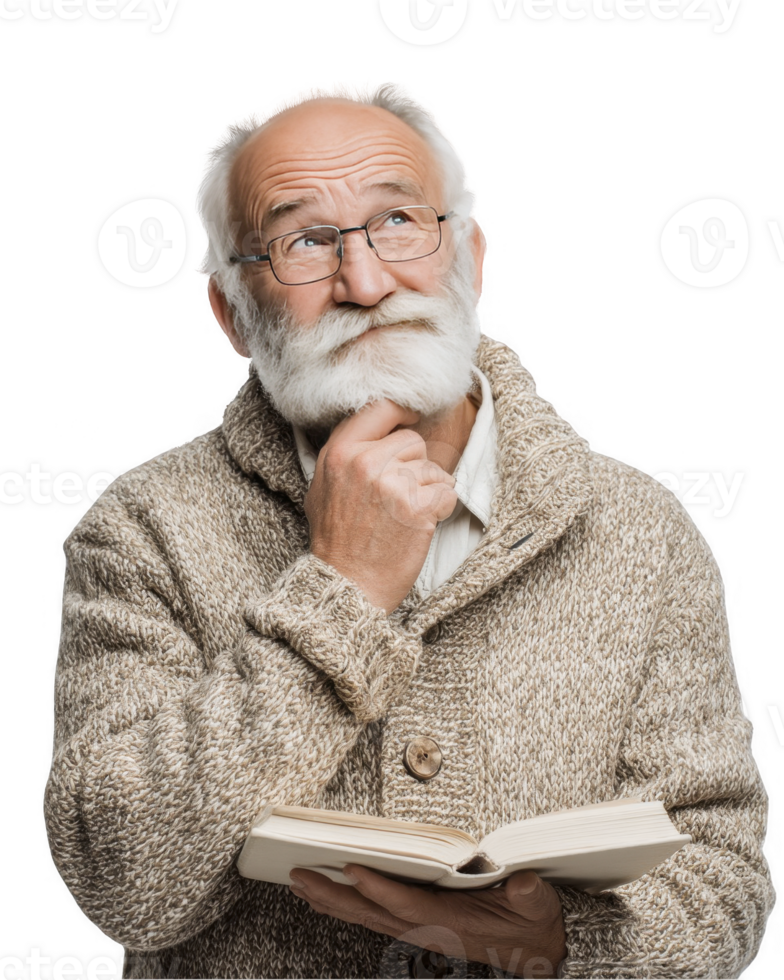 Old wise man with glasses reading book isolated on transparent background png