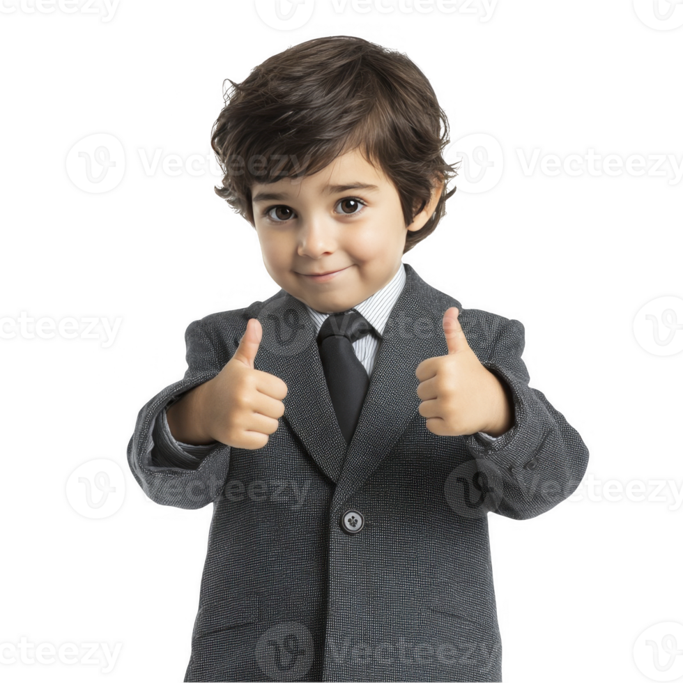 Confident little boy in blazer with thumbs up isolated on transparent background png