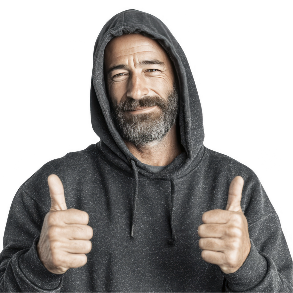 Confident man in hoodie with both thumbs up isolated on transparent background png