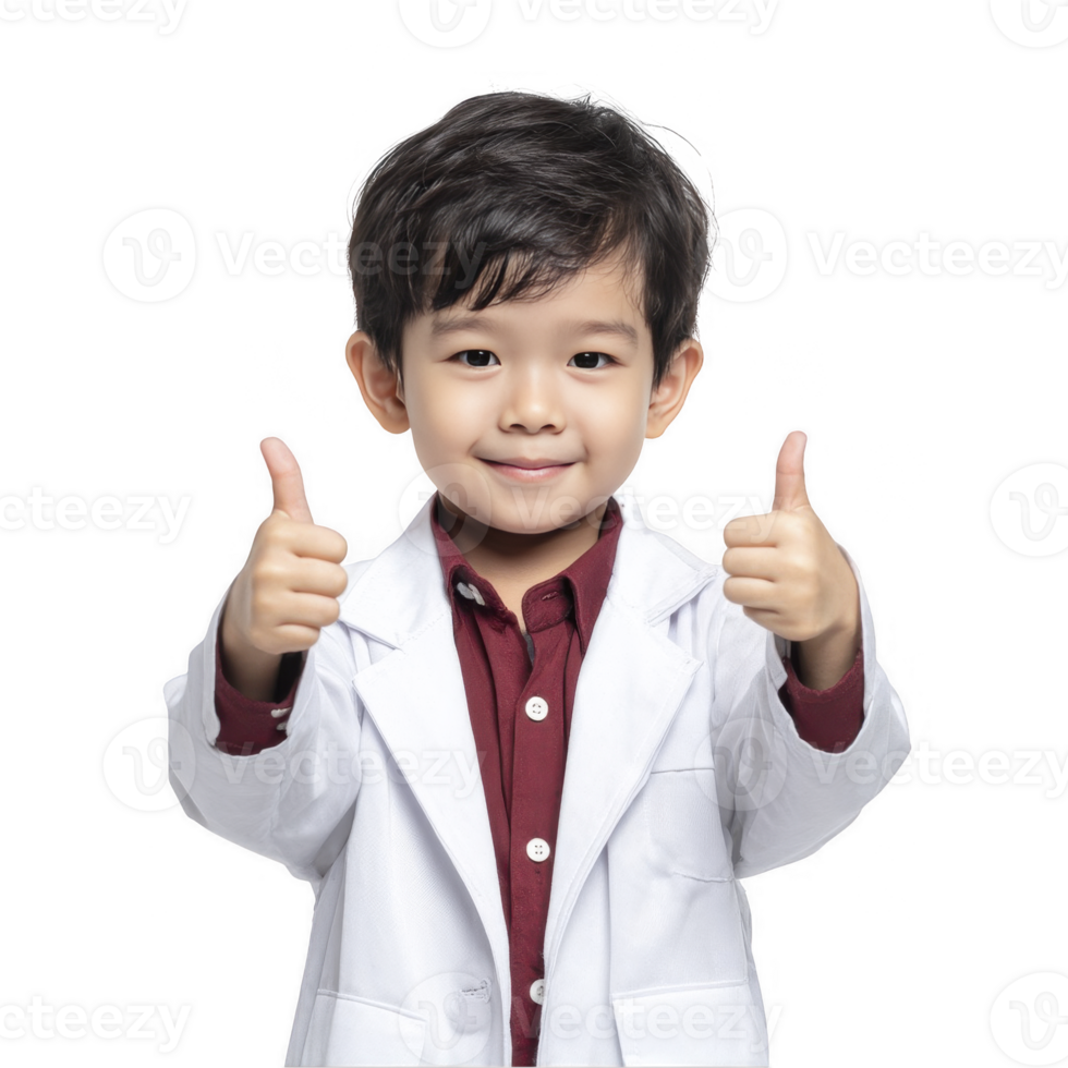Smiling boy in doctor coat giving thumbs up isolated on transparent background png