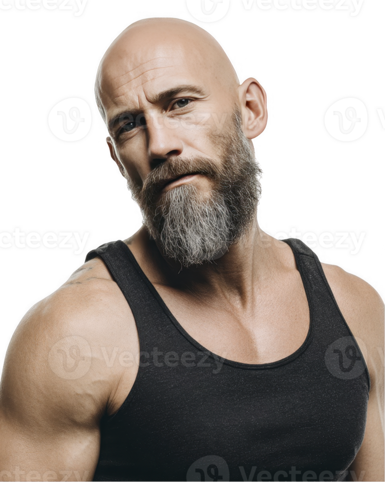 Muscular bald man in black tank top isolated on transparent background png