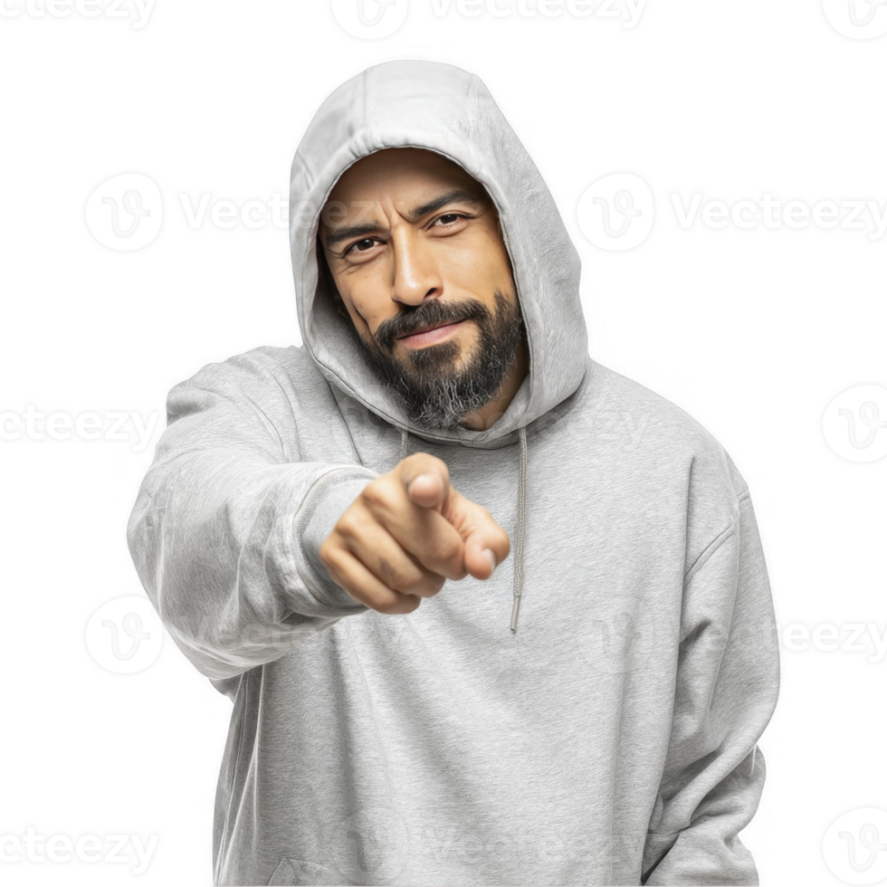 Angry man in hoodie pointing finger isolated on transparent background png