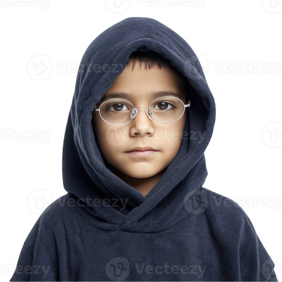 Serious boy in navy hoodie with glasses isolated on transparent background png