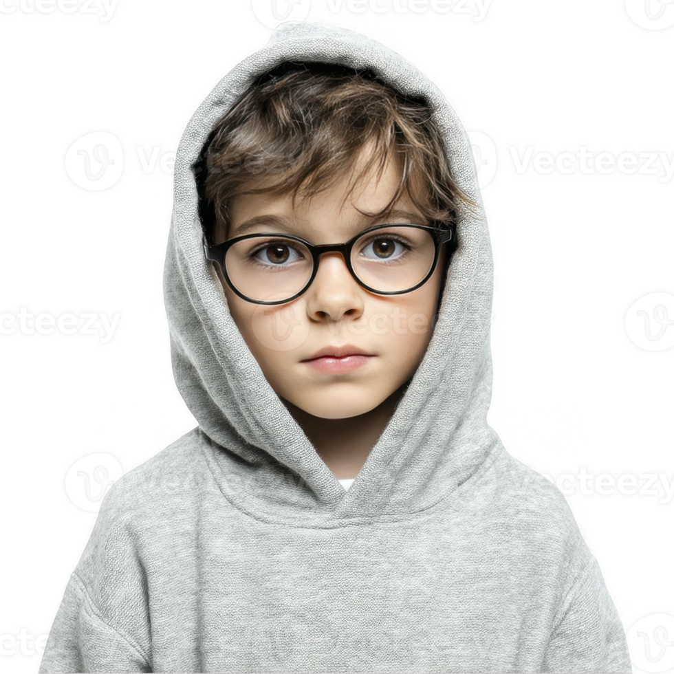 Sad boy in gray hoodie with hands near face isolated on transparent background png