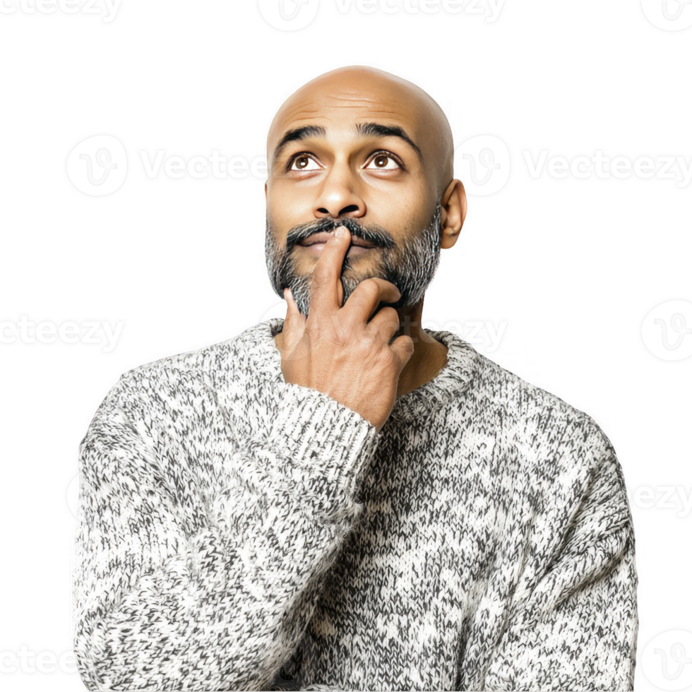 Thoughtful man in white sweater looking up isolated on transparent background png