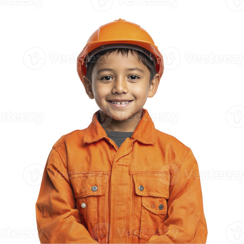 Happy kid in orange engineer costume smiling isolated on transparent background png