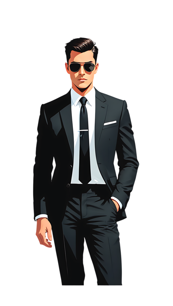 Stylish Man in Black Suit, Confident Pose Against a Transparent Background, Cool and Sophisticated Mood png