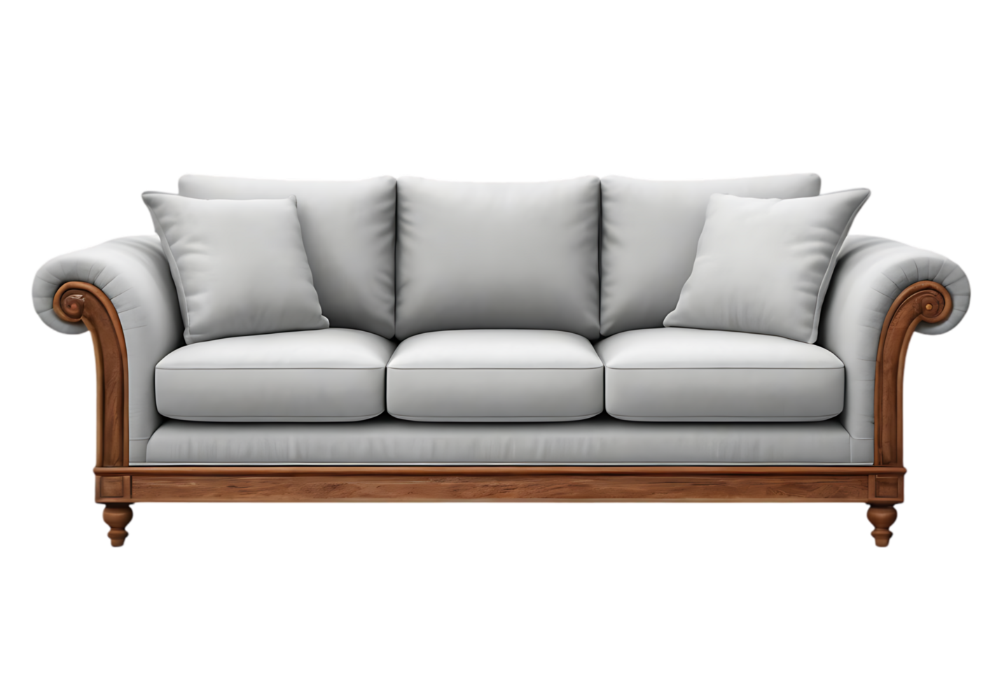 Elegant Light Grey Fabric Sofa with Wooden Frame, Sitting Calmly in a Studio Setting, Exuding Serene Comfort png