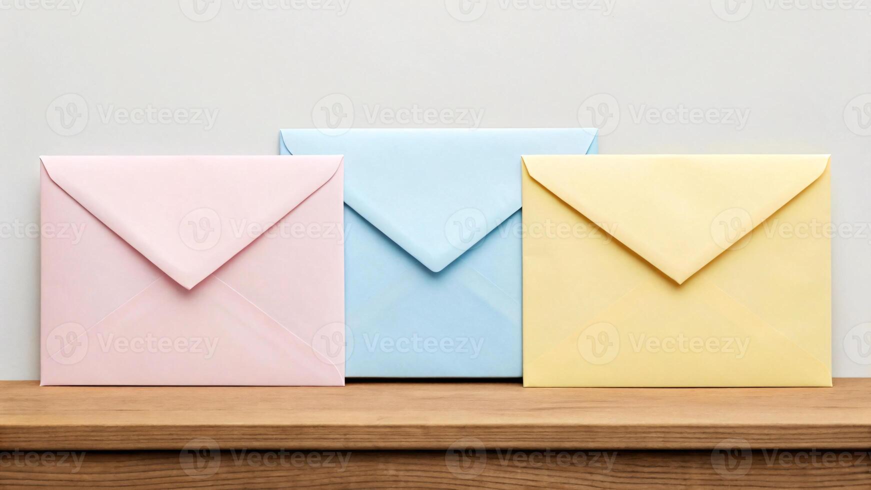 Colorful envelopes on wooden shelf near light wall closeup. photo