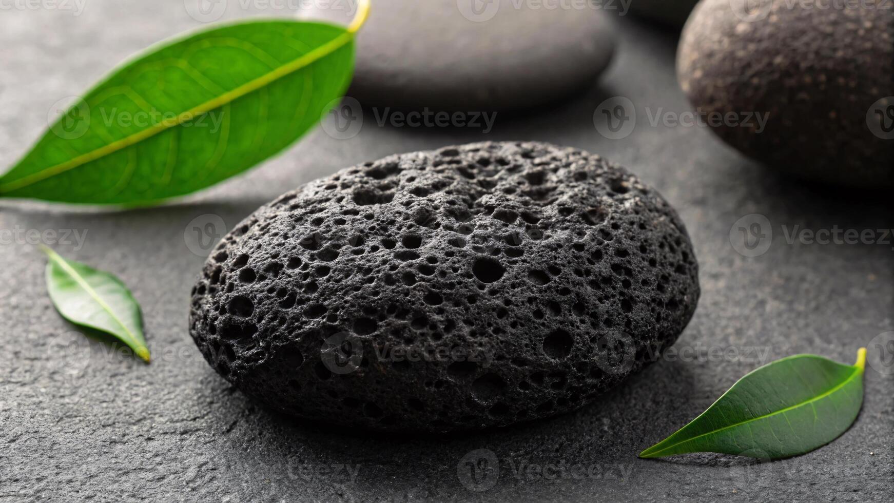 Black pumice stone with green leaves on grey background closeup. photo
