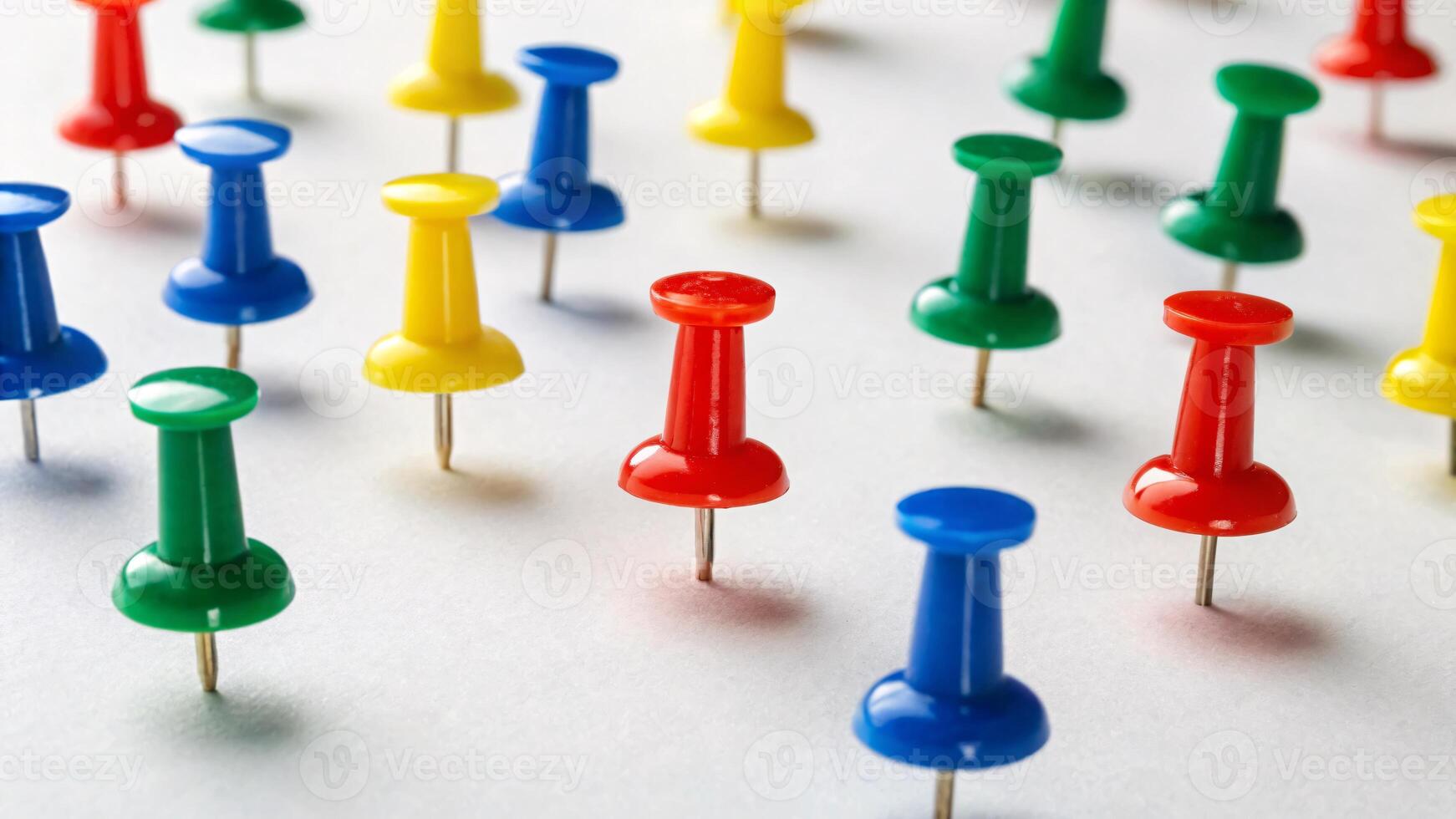 Colorful push pins on white background closeup. photo