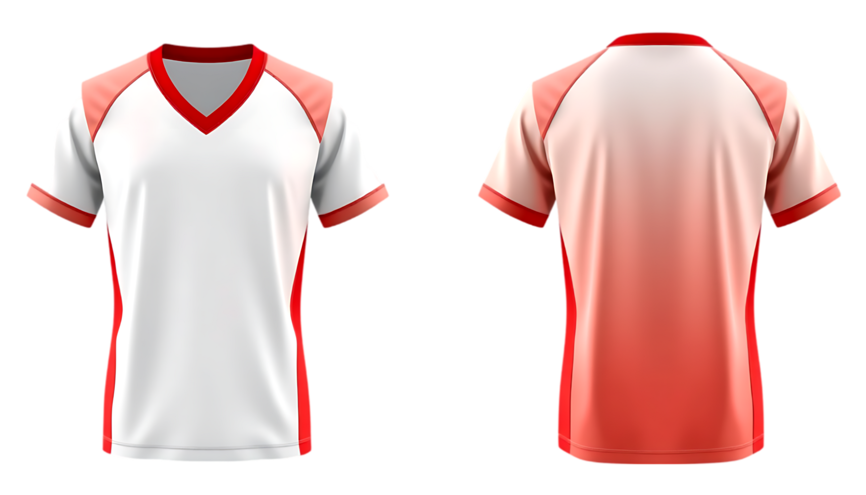 Stylish Red and White V-Neck Short Sleeve Sports Jersey Design Mockup, Front and Back View, Isolated on Transparent Background png