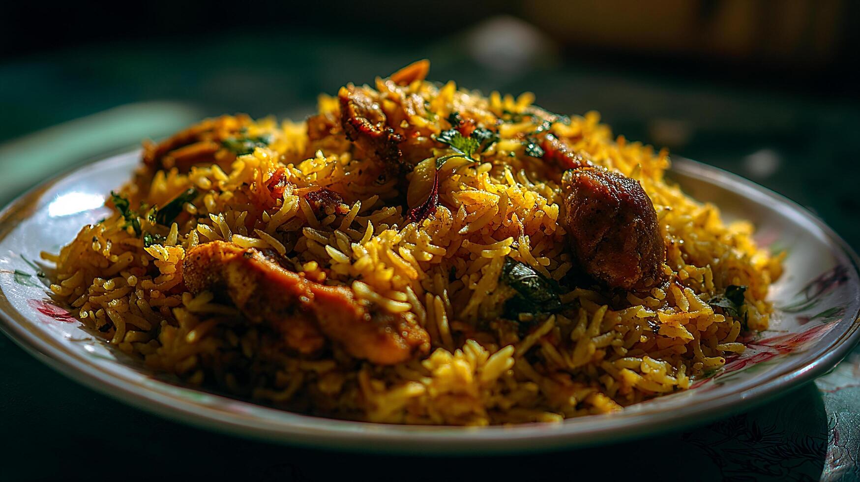 Spicy chicken biryani with green chilies and mint garnish biryani photo