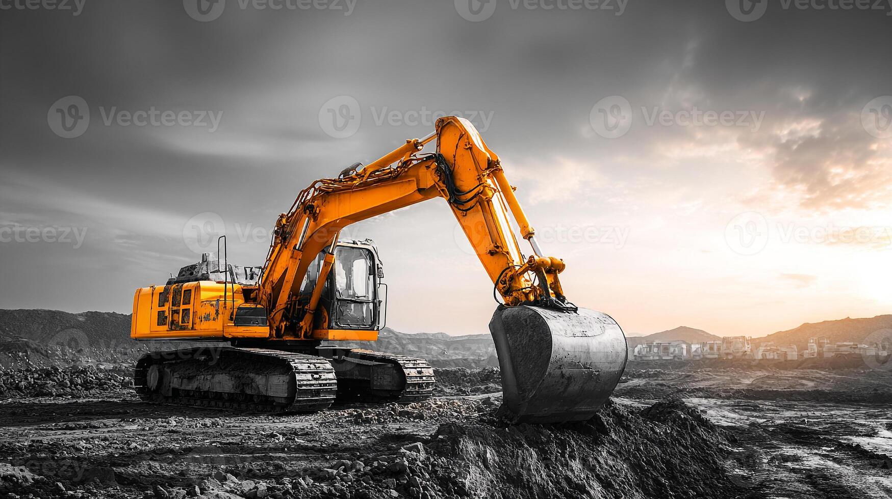 Bright natural light on construction excavator photo