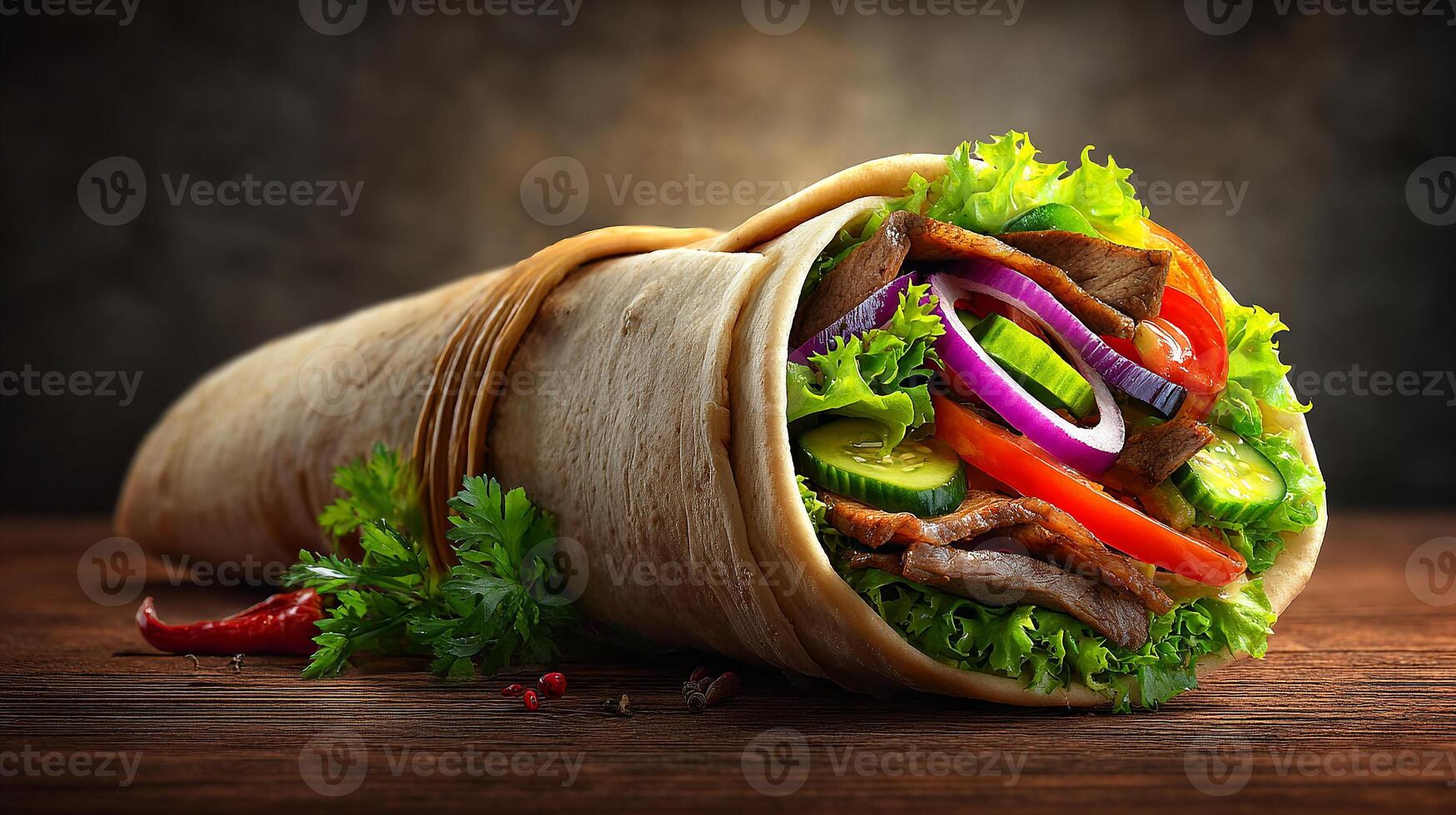 Full view shawarma sandwich with mixed fillings photography photo