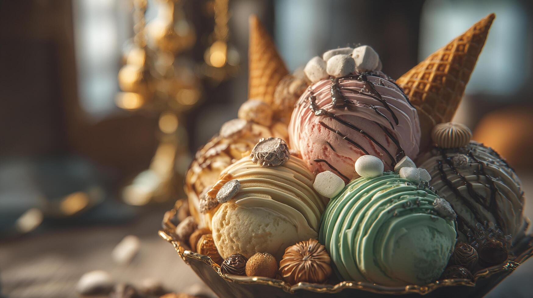 Ice cream in bowl with candy topping image photo