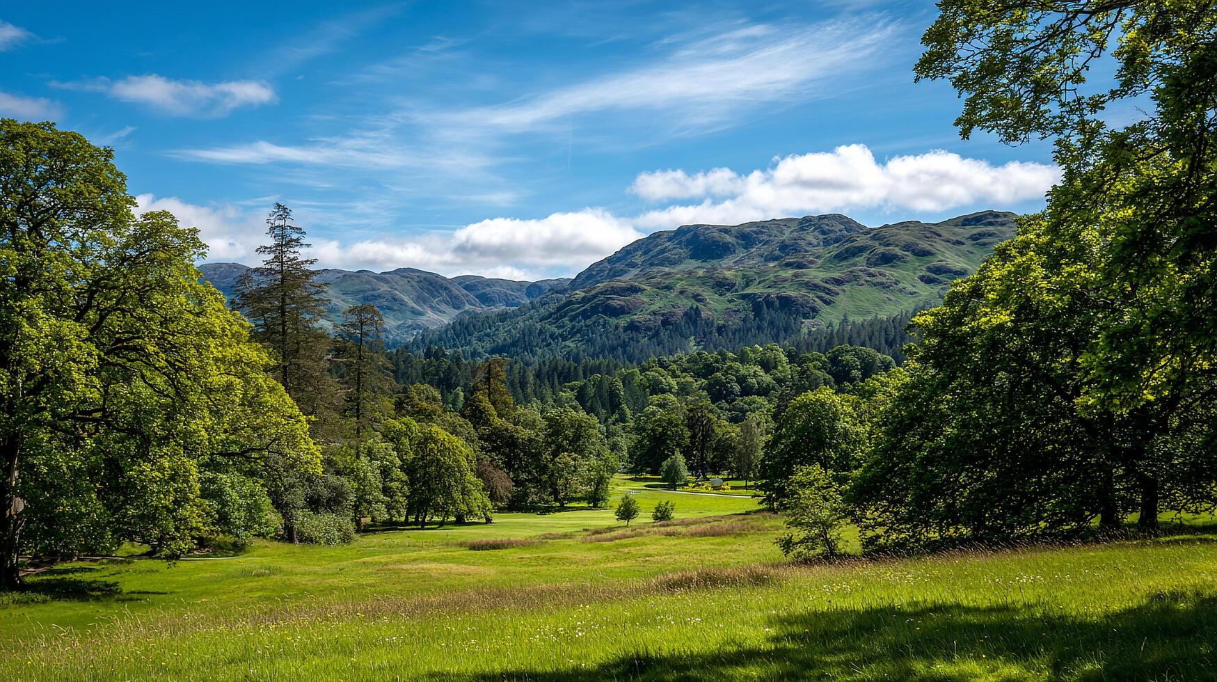 Bright summer day in open green valley field photo