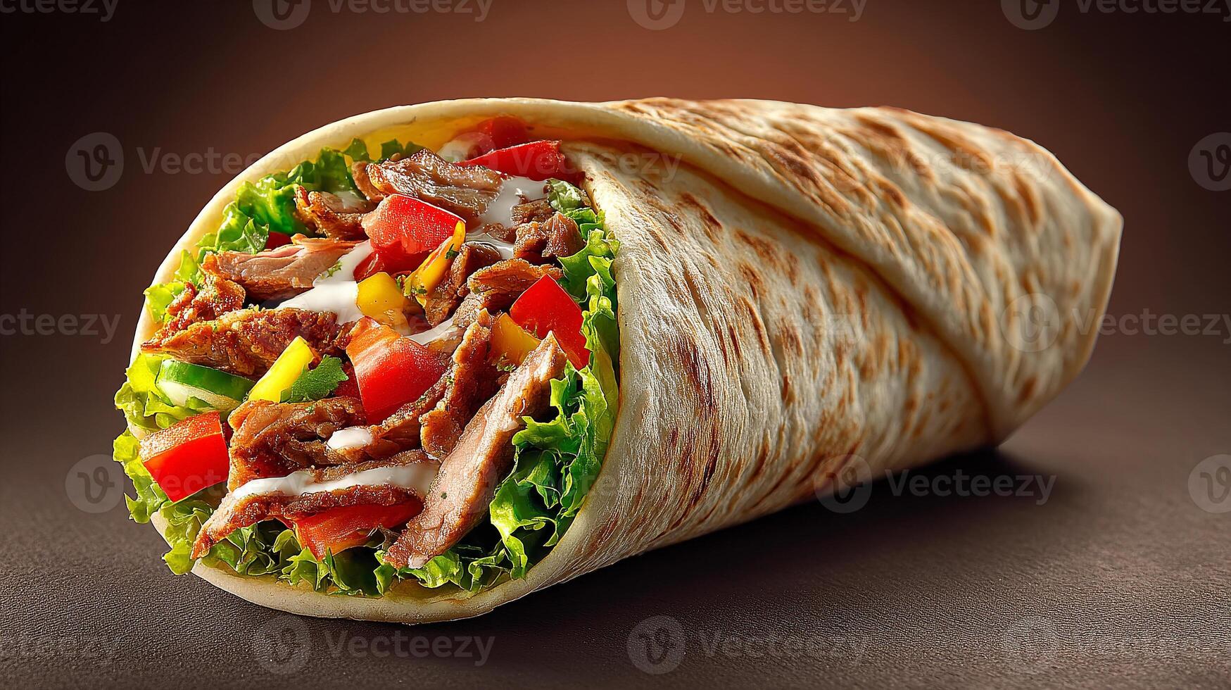 Juicy grilled meat in fresh shawarma photography photo