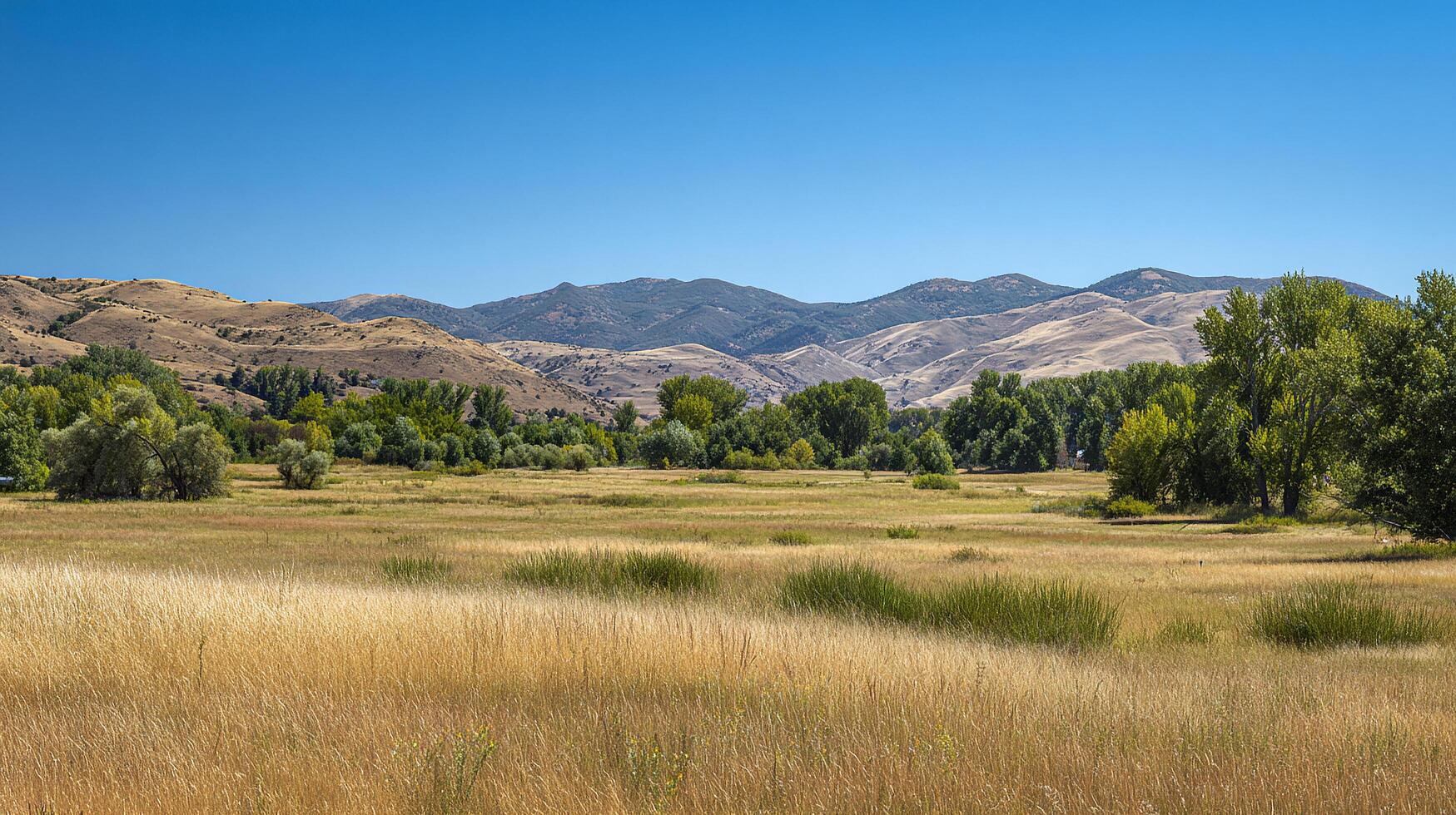 Summer valley meadow basking in clear sunny sky photo