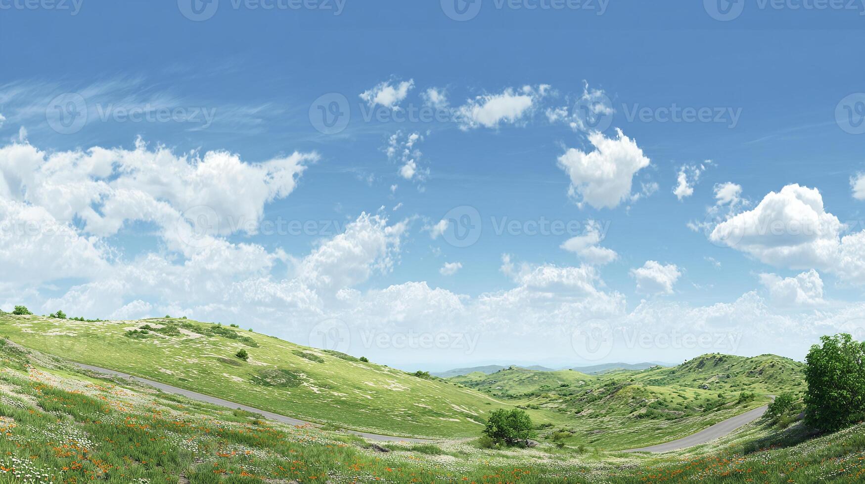 Summer valley landscape illuminated by clear blue skies photo