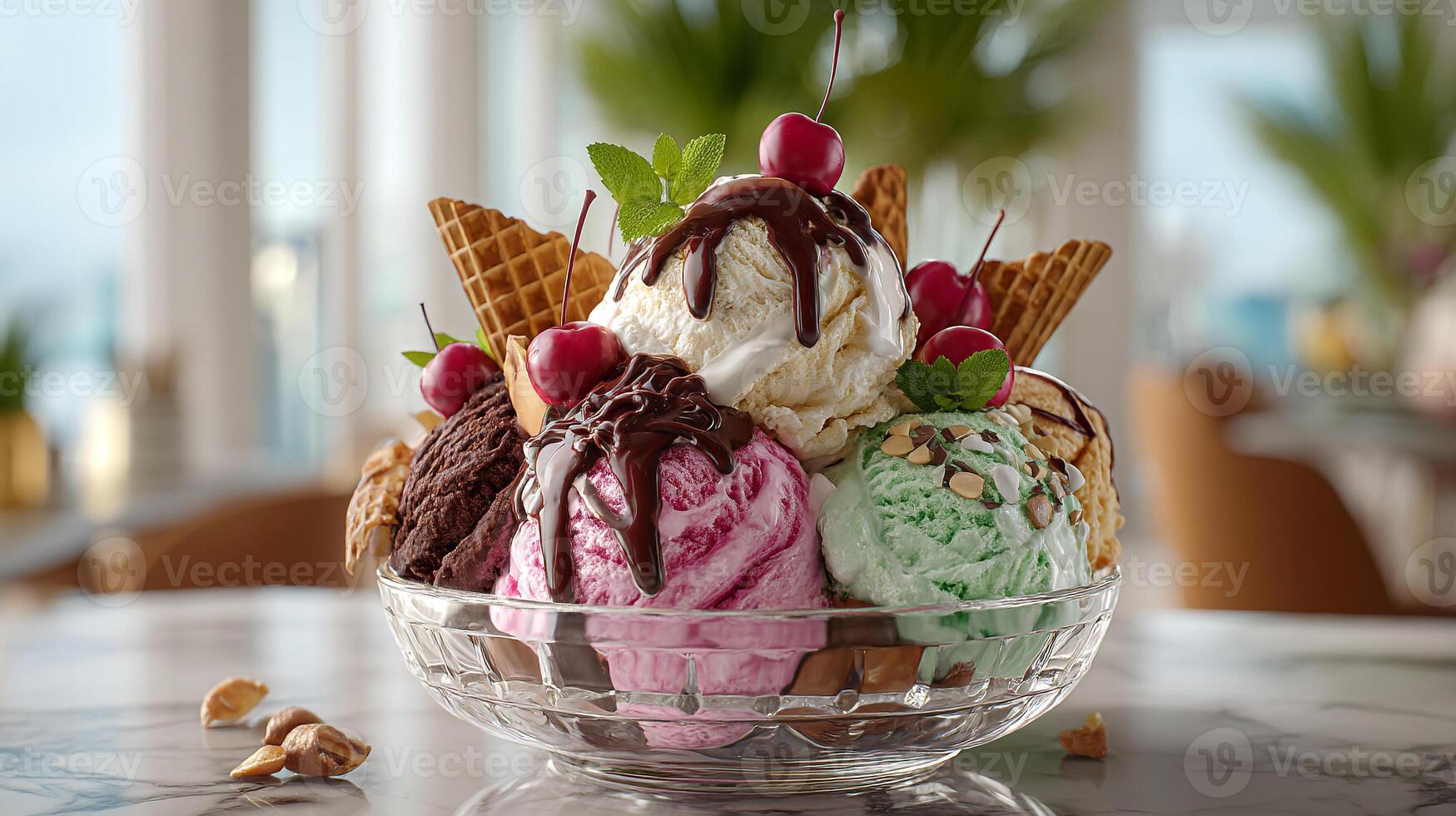 Frozen creamy dessert with colorful toppings image photo