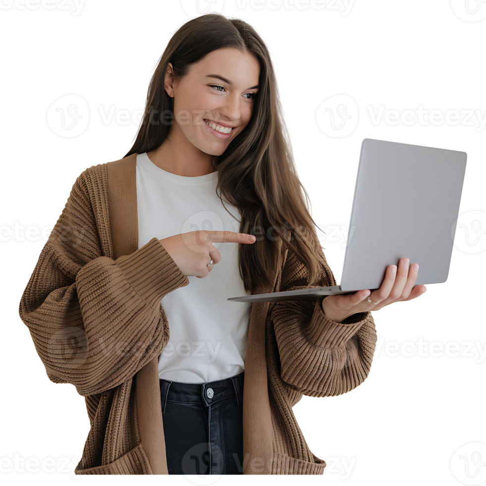 Smiling Woman Pointing at Laptop Screen Perfect for Tech or Product Mockups png