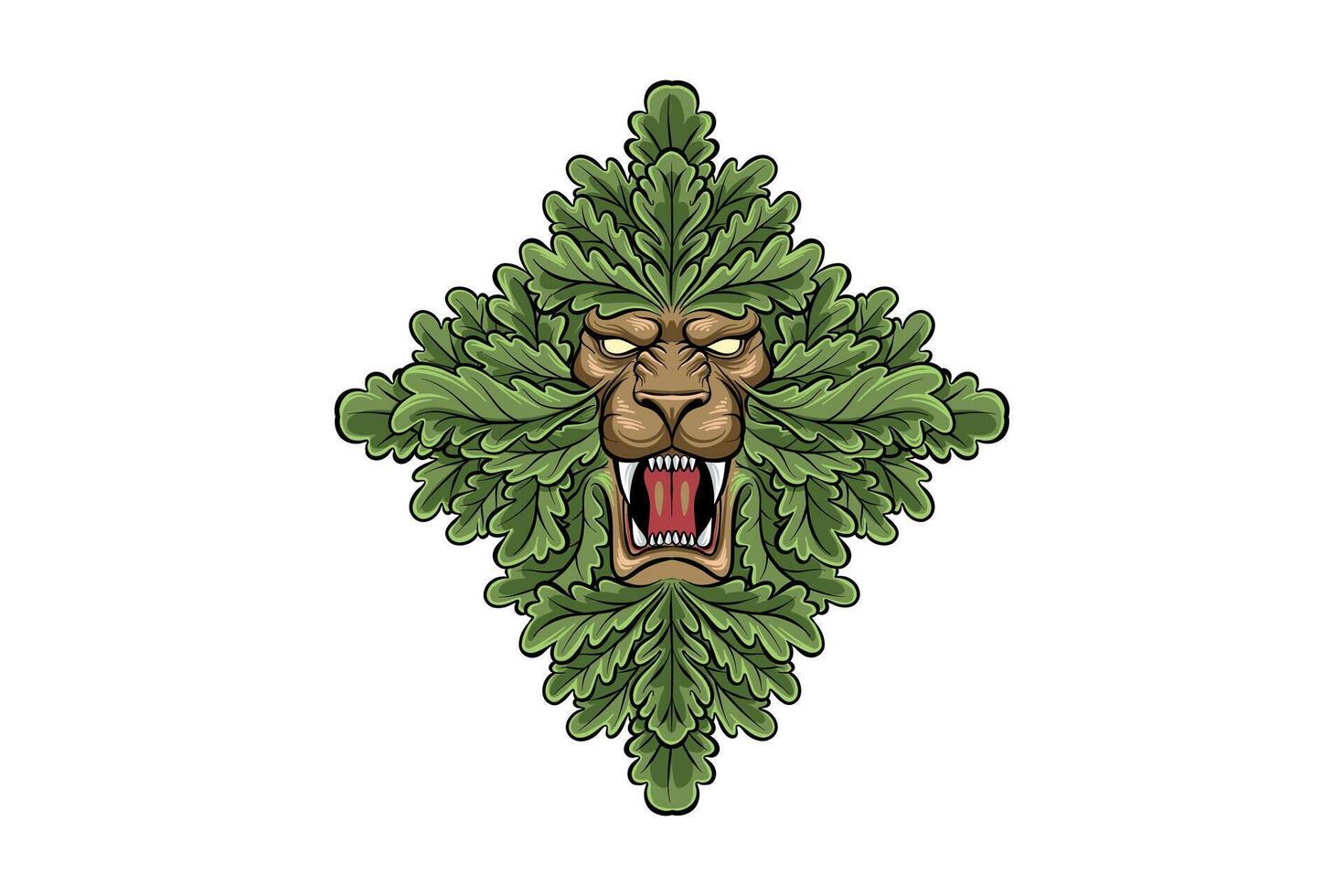 Lion face surrounded by green leaves vector