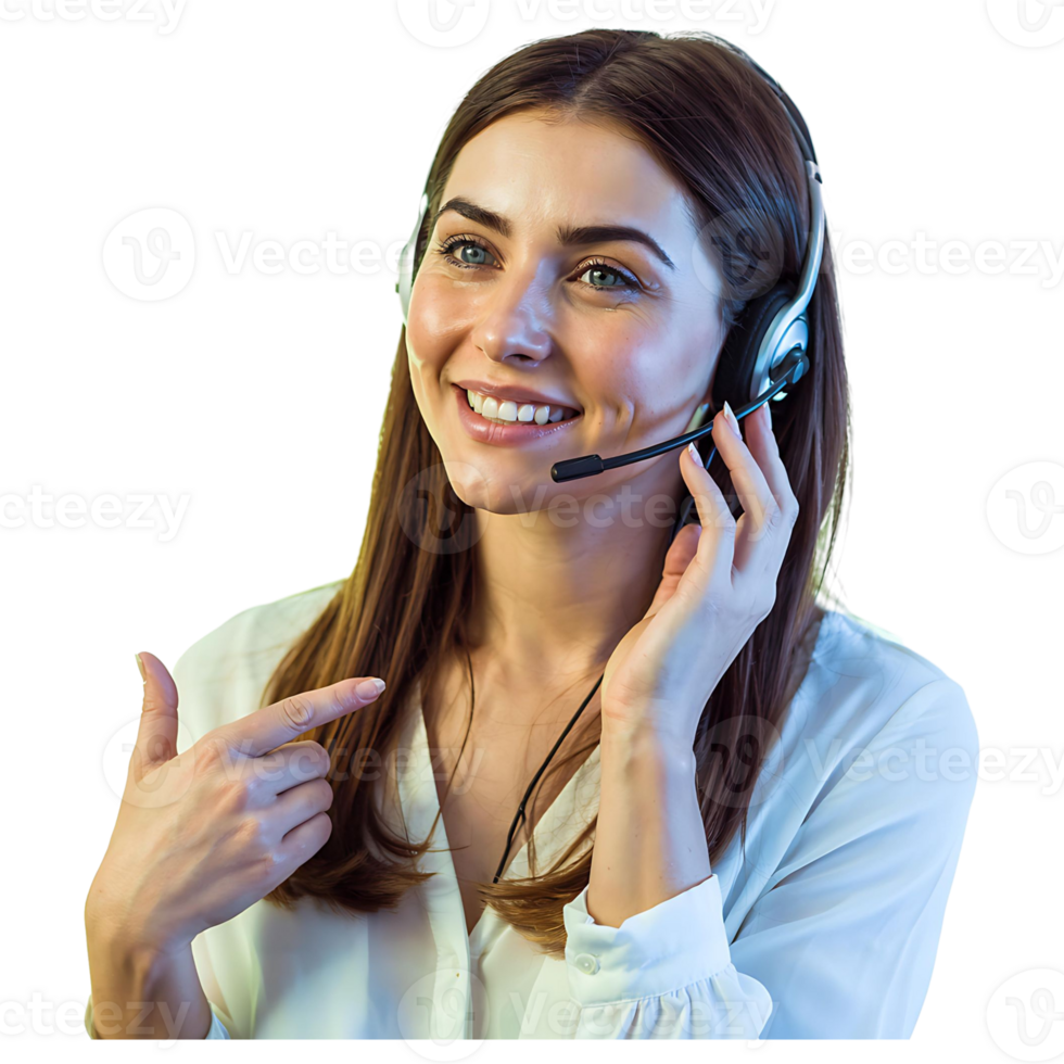 Happy Female Support Agent Pointing Help Desk or Hotline Promotion Image png