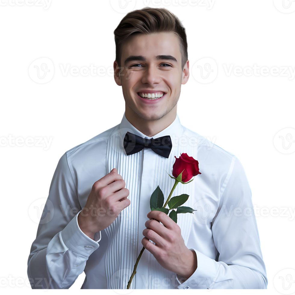 Charming Man with Red Rose Romantic Gift Concept png