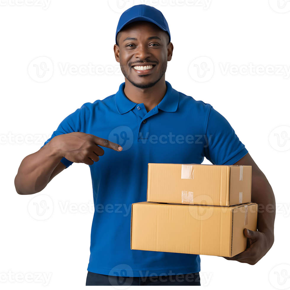 Courier in Blue Uniform with Packages Perfect for E-Commerce or Delivery Ads png