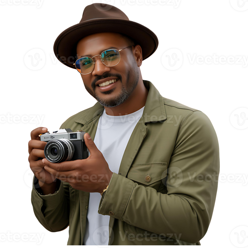 Modern Man with Camera in Leather Jacket and Hat Photography Stock Image png