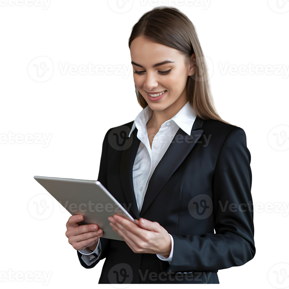 Professional Woman in Formal Attire Using Tablet Isolated on Transparent Background png
