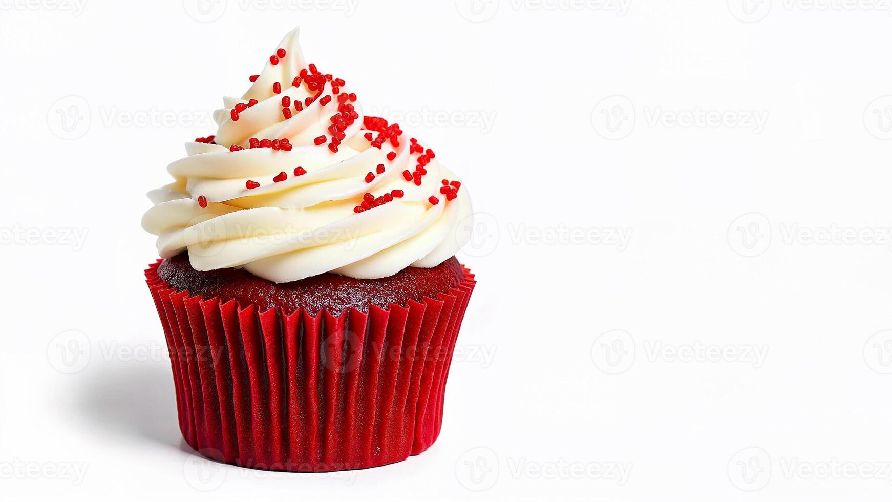 Single red velvet cupcake with white cream frosting and red sprinkles isolated on a white background. Suitable for bakery, dessert, or celebration themes. photo