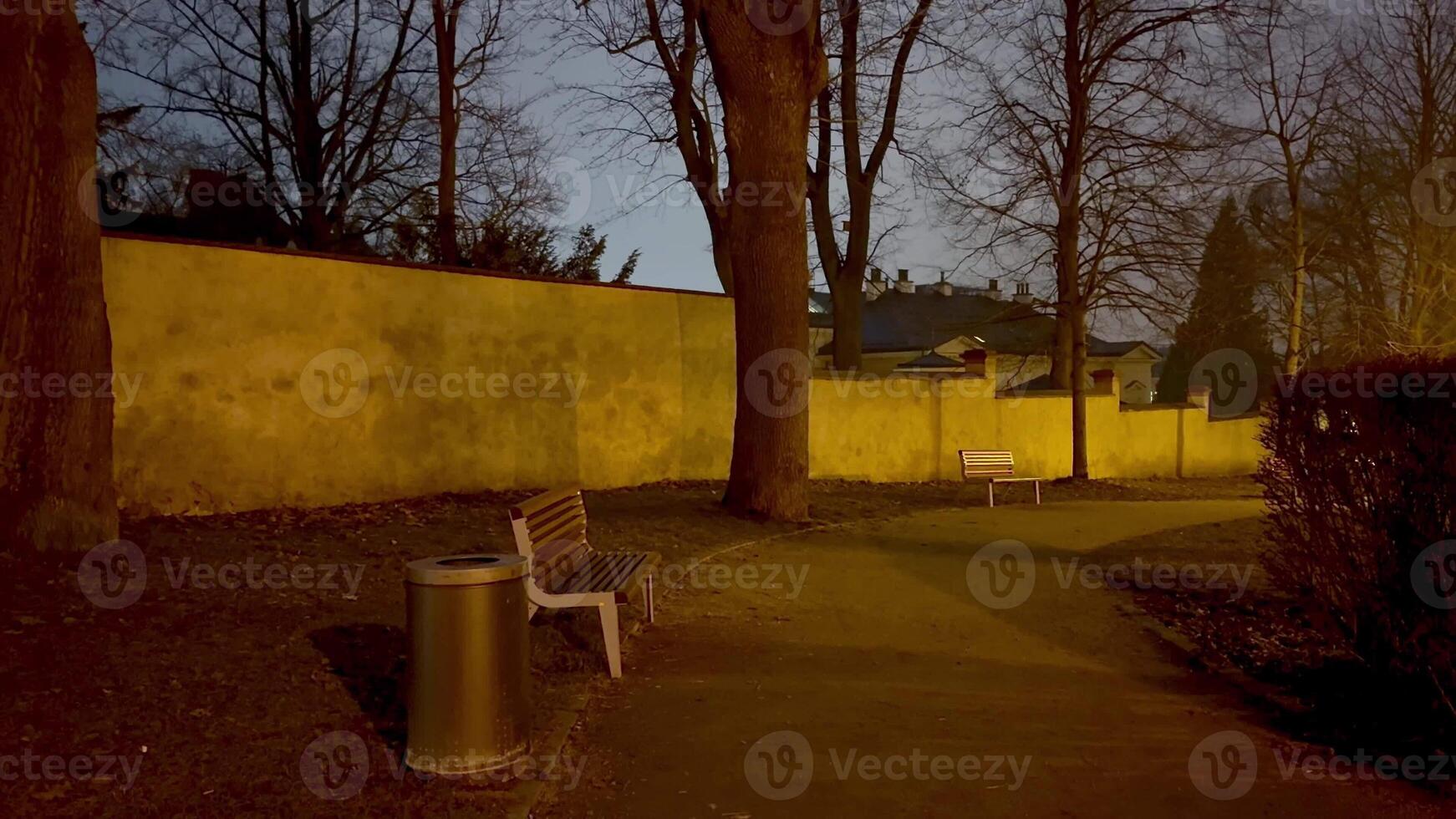 A serene evening scene showcasing a charming park path illuminated by soft lighting and surrounded by trees photo