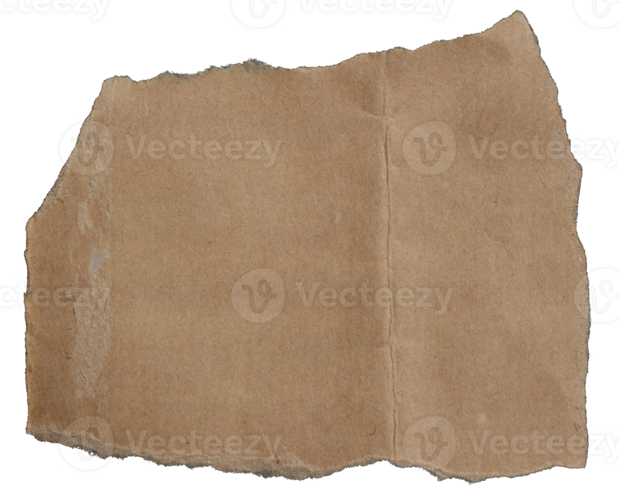Single ripped torn brown paper piece on transparent background, paper cut out design element png