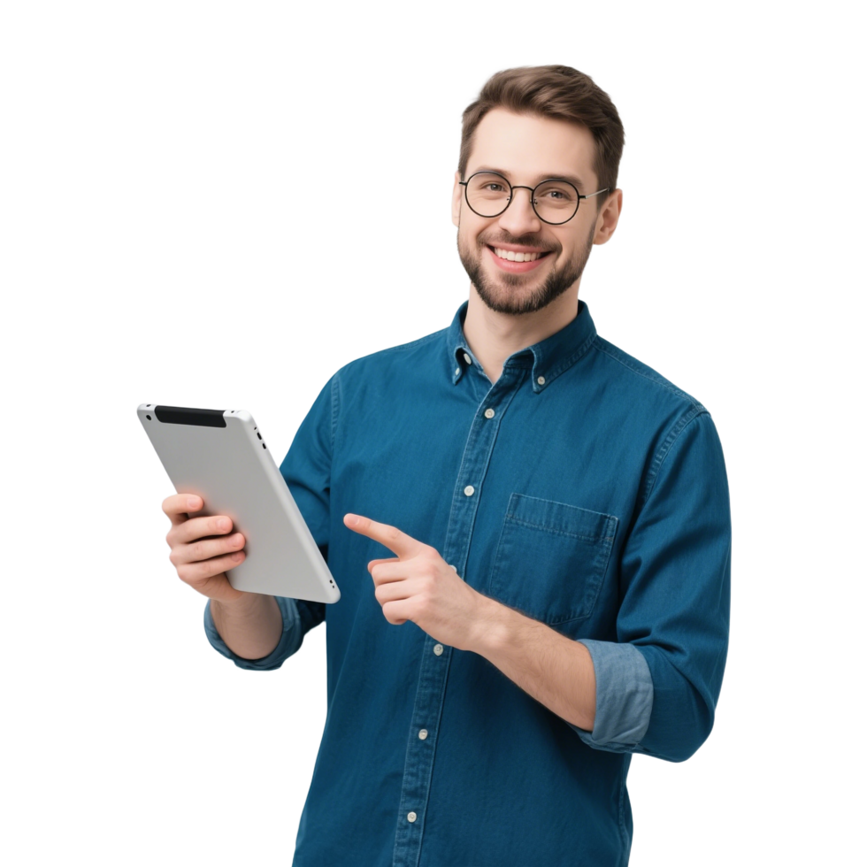 Man holding a tablet and smiling isolated on transparent background, no background png