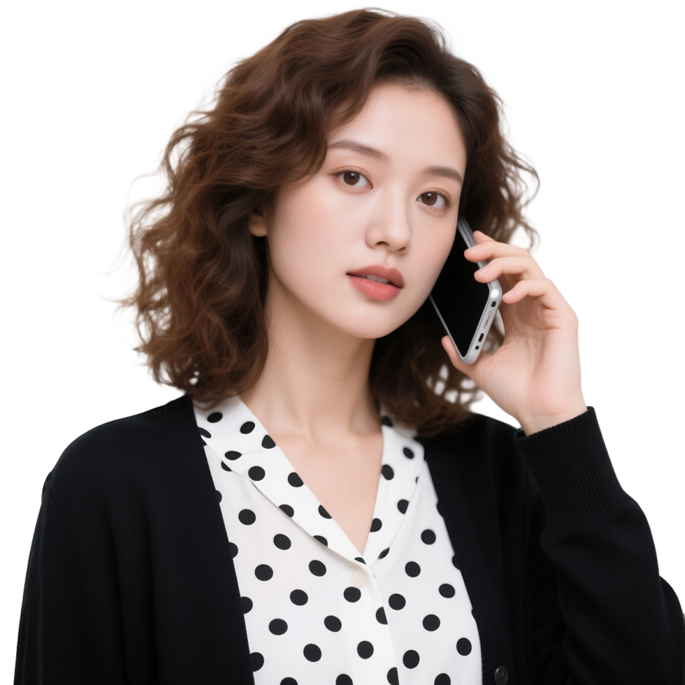 A woman talking on the phone with a polka dot shirt png